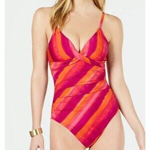 Ralph Lauren Painted Stripe UW  Twist Tummy Control Swimsuit sz 14 Red